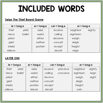 Word list for IE and EI words, Sort 58