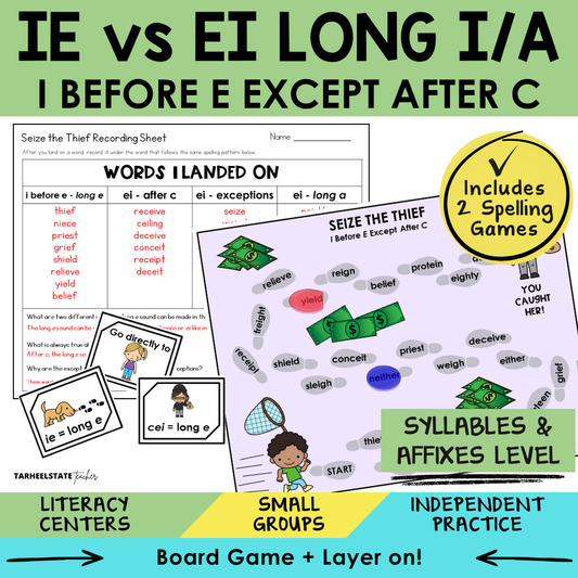 IE vs EI Long I/A I Before E Except After C Sort 58 Syllables Affixes Games cover
