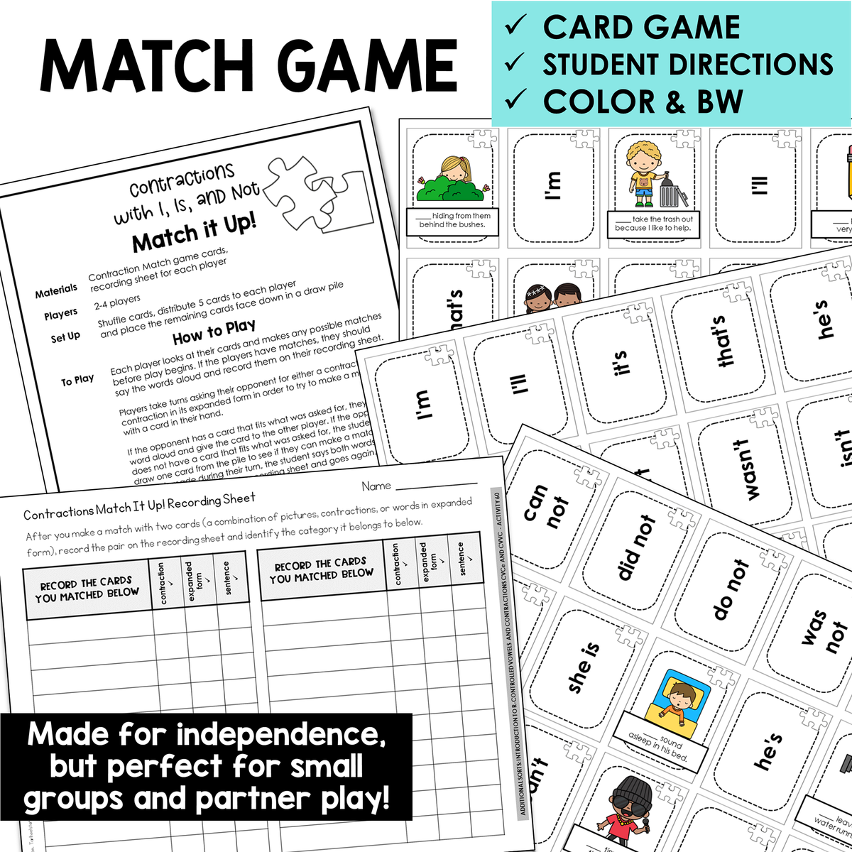 Match It Up! card game with contraction playing cards and recording sheet