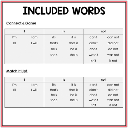 Word list for I, IS, and NOT contractions games, Sort 60