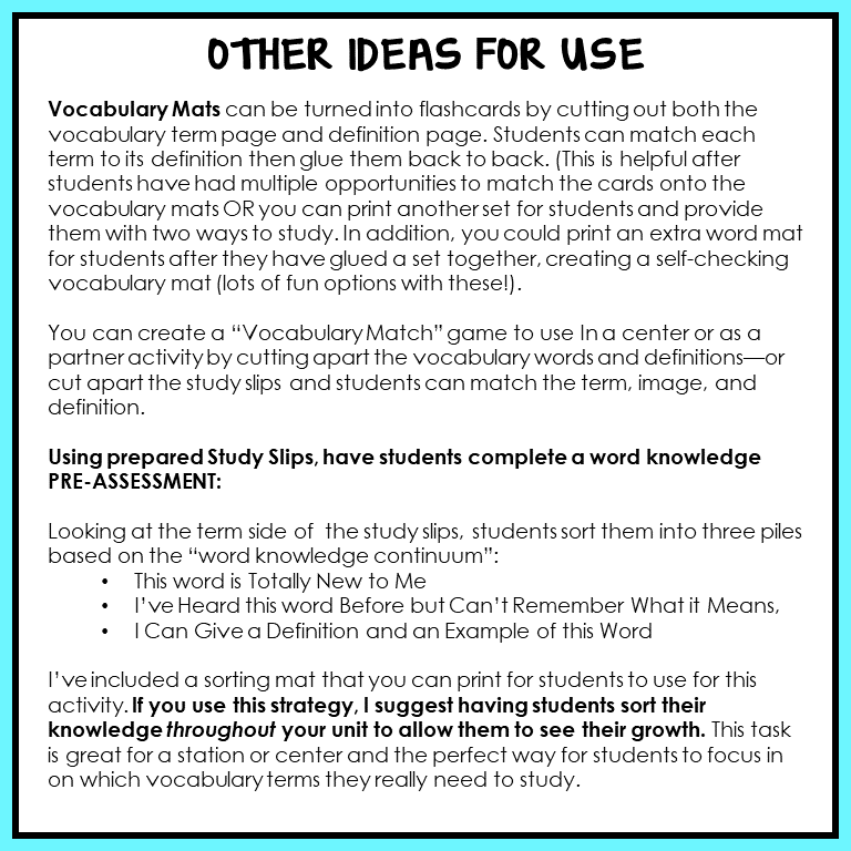 Instructions on using Vocabulary Mats and Study Slips for learning science vocabulary