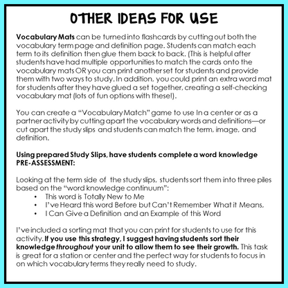 Instructions on using Vocabulary Mats and Study Slips for learning science vocabulary