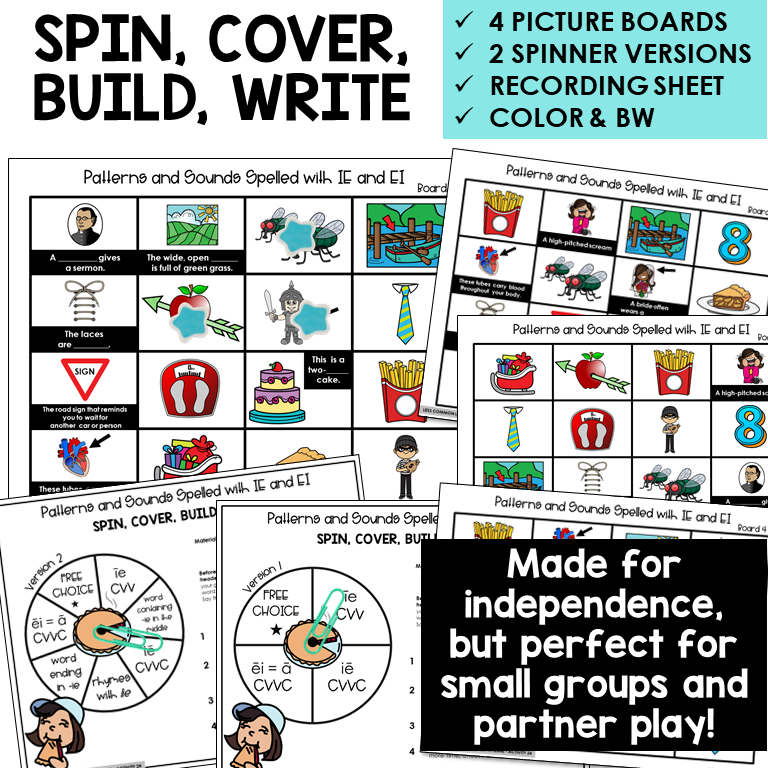 Spin, Cover, Build, Write picture boards for IE and EI words