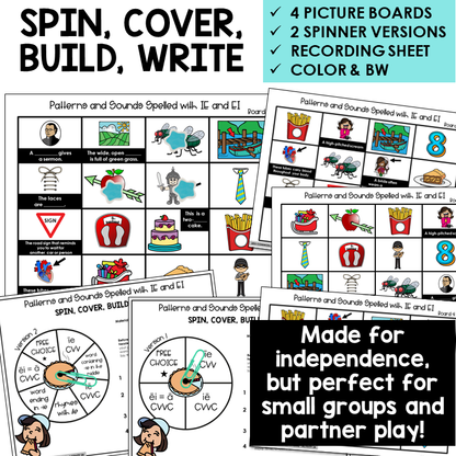 Spin, Cover, Build, Write picture boards for IE and EI words