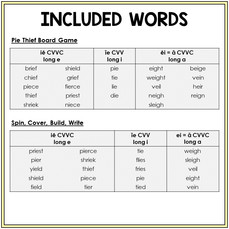Word list for IE and EI games, Sort 24