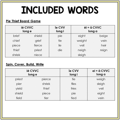 Word list for IE and EI games, Sort 24