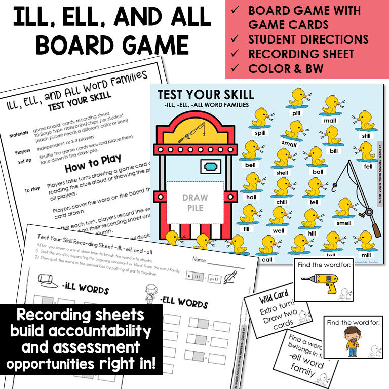 Test Your Skill board game, game cards, and recording sheet for ILL, ELL, and ALL word families