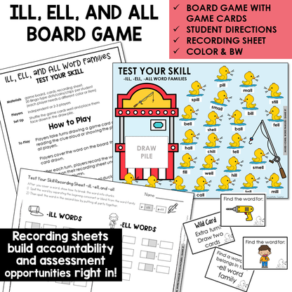 Test Your Skill board game, game cards, and recording sheet for ILL, ELL, and ALL word families