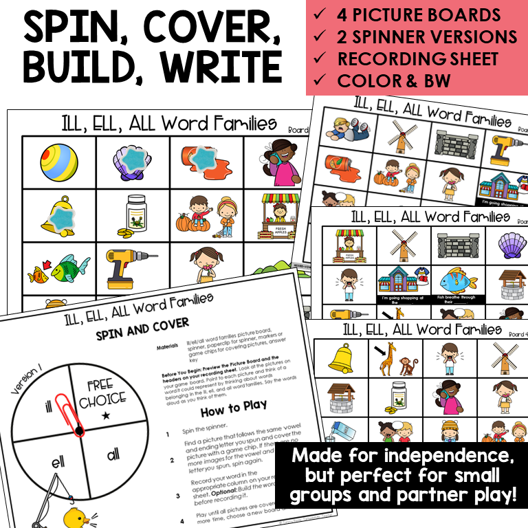 Spin, Cover, Build, Write picture boards and spinners for ILL, ELL, and ALL word families