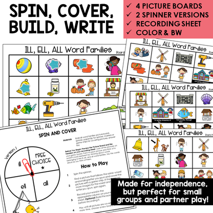 Spin, Cover, Build, Write picture boards and spinners for ILL, ELL, and ALL word families