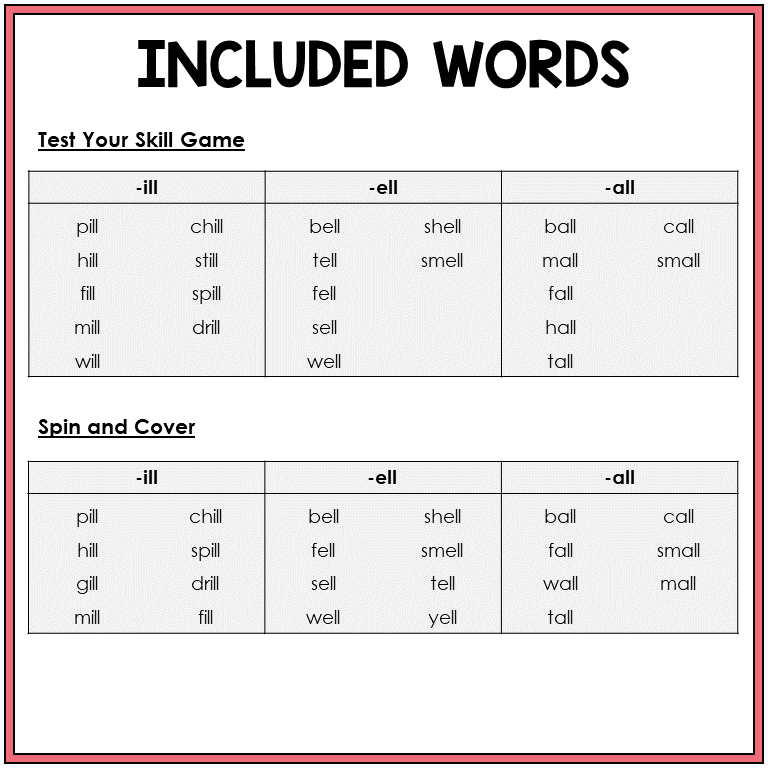 Word list for ILL, ELL, and ALL word family games, Sort 37