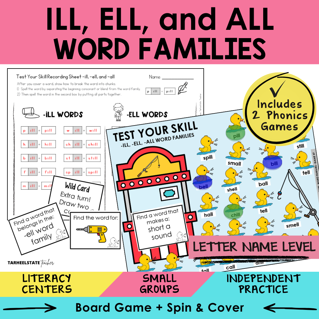 ILL, ELL, and ALL Word Families Sort 37 Letter Name Games cover