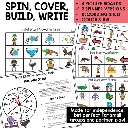 Spin, Cover, Build, Write picture boards and spinner for initial Short Vowel pictures