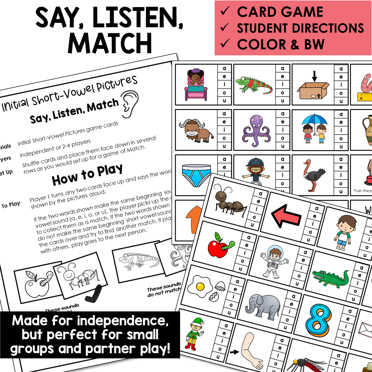 Say, Listen, Match card game with initial Short Vowel picture cards and directions