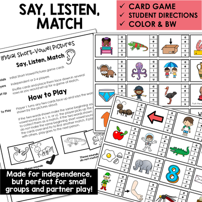 Say, Listen, Match card game with initial Short Vowel picture cards and directions