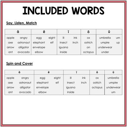 Word list for initial Short Vowel games, Sort 43