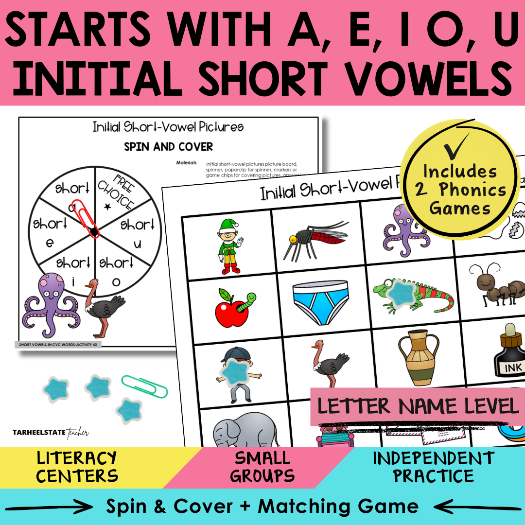 Starts with A, E, I, O, U Initial Short Vowels Sort 43 Letter Name Games cover