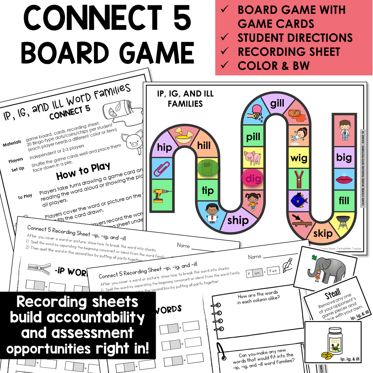 Connect 5 board game, game cards, and recording sheet for IP, IG, and ILL word families