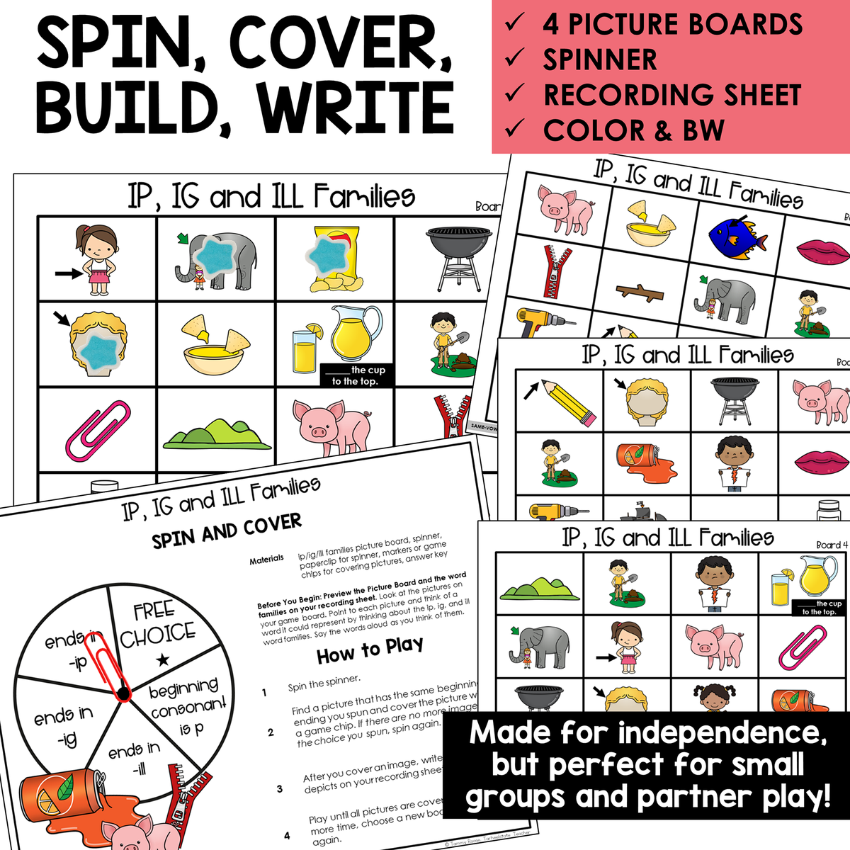Spin, Cover, Build, Write picture boards and spinner for IP, IG, and ILL word families