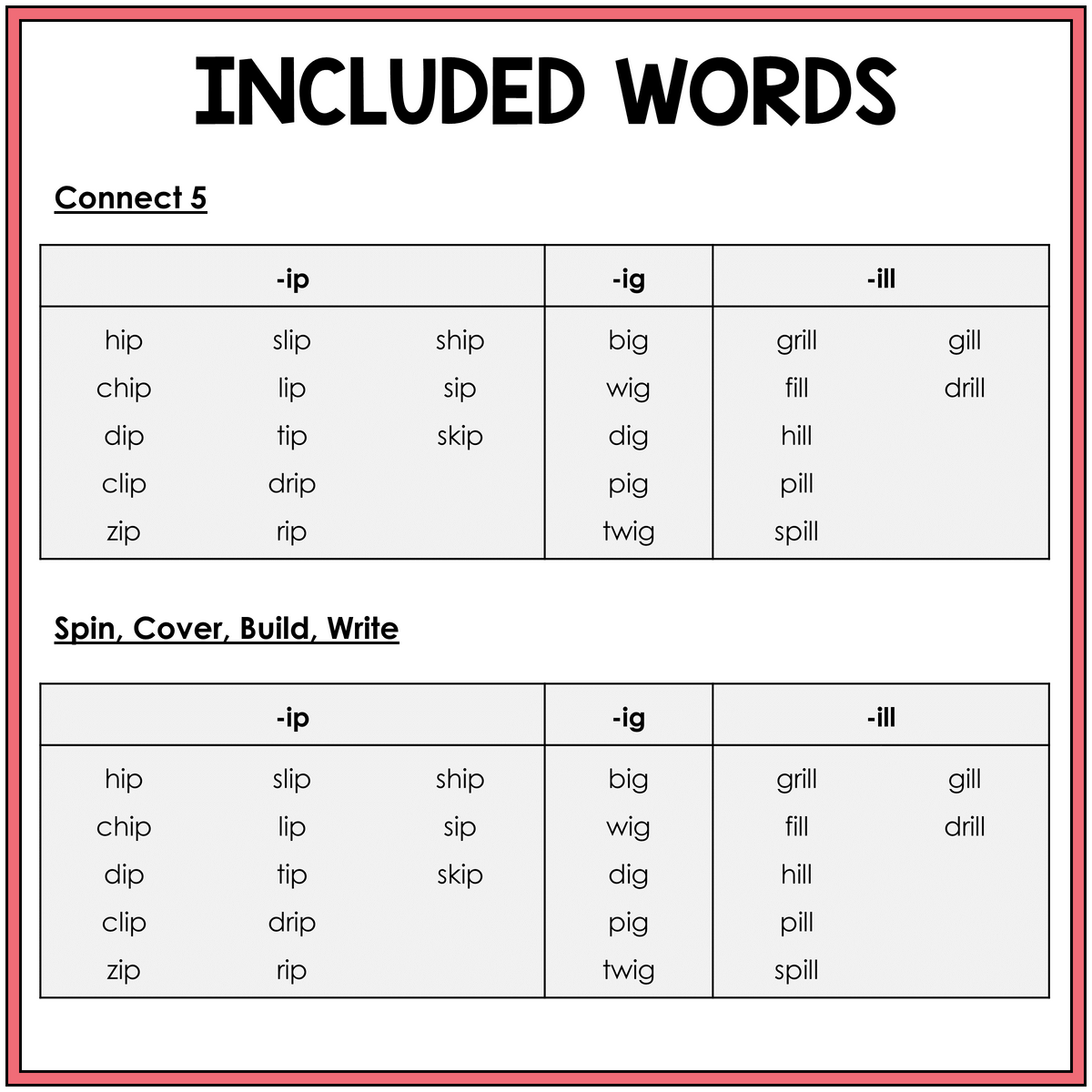 Word list for IP, IG, and ILL word family games, Sort 18