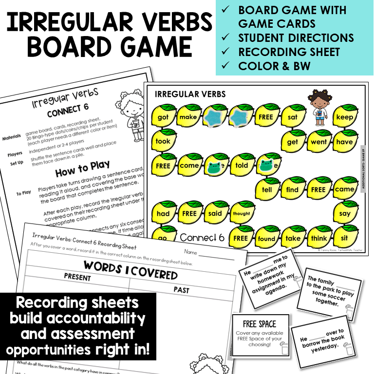 Connect 6 irregular verbs board game with sentence cards and recording sheet
