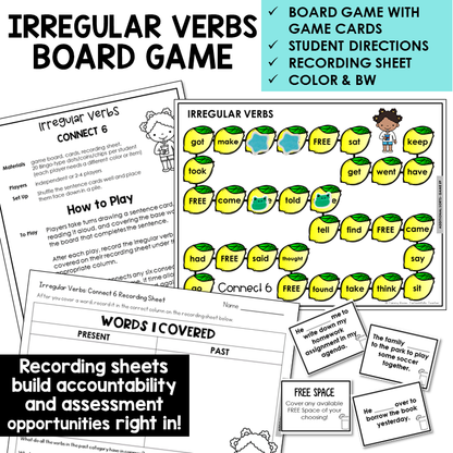 Connect 6 irregular verbs board game with sentence cards and recording sheet