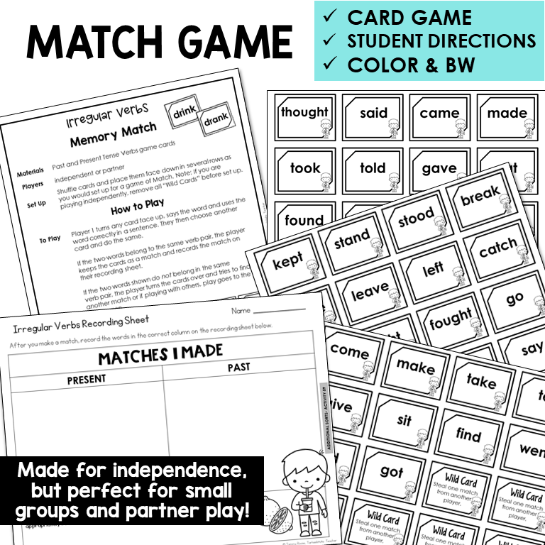 Memory Match card game with present and past tense verb cards