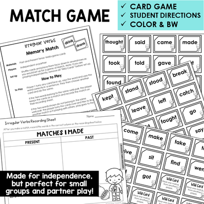 Memory Match card game with present and past tense verb cards
