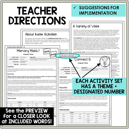 Teacher directions for irregular past tense verbs games