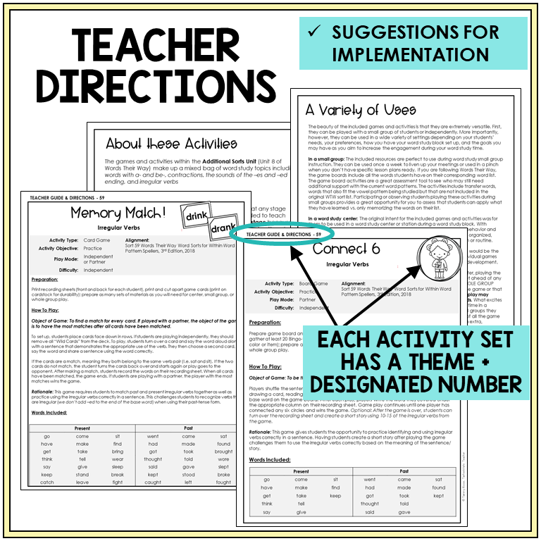 Teacher directions and suggestions for implementation, irregular past tense verbs