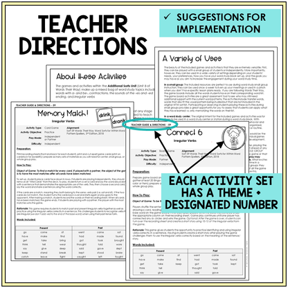 Teacher directions and suggestions for implementation, irregular past tense verbs
