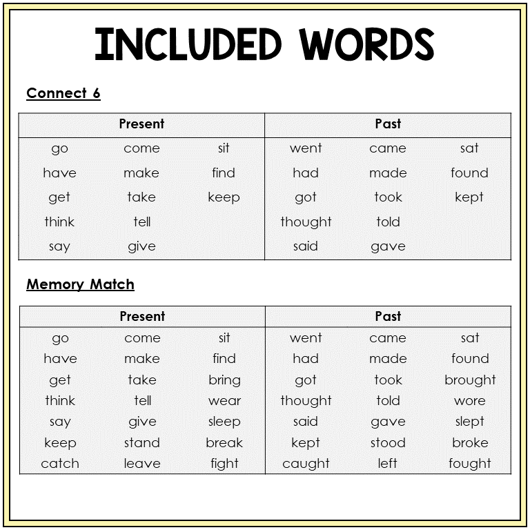 Word list for irregular past tense verbs games, Sort 59