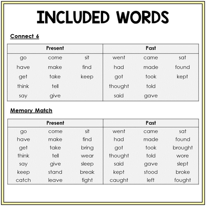 Word list for irregular past tense verbs games, Sort 59