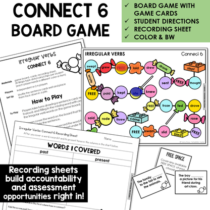 Connect 6 Board Game for irregular past tense verbs, with sentence cards and recording sheet