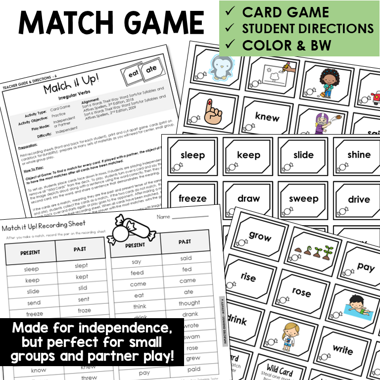 Match It Up! Card Game for irregular past tense verbs, with recording sheet