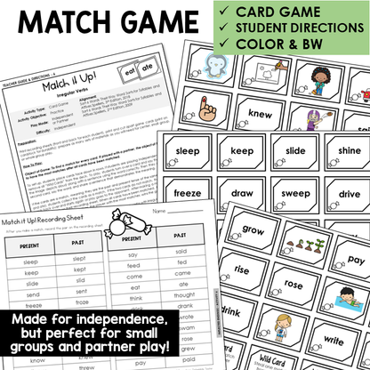 Match It Up! Card Game for irregular past tense verbs, with recording sheet