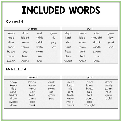 Word list of present and past tense irregular verbs, Sort 6