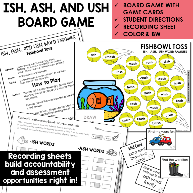 Fishbowl Toss board game, game cards, and recording sheet for ISH, ASH, and USH word families