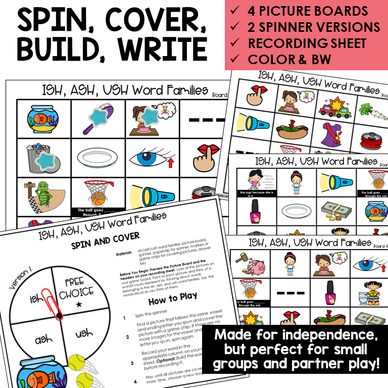 Spin, Cover, Build, Write picture boards and spinners for ISH, ASH, and USH word families