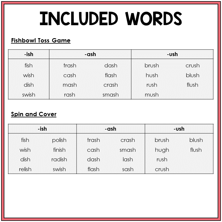 Word list for ISH, ASH, and USH word family games, Sort 39