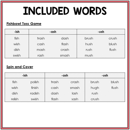 Word list for ISH, ASH, and USH word family games, Sort 39