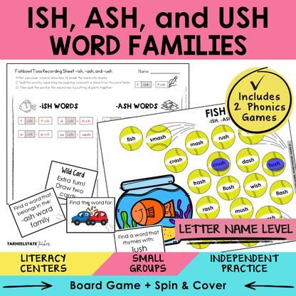 ISH, ASH, and USH Word Families Sort 39 Letter Name Games cover