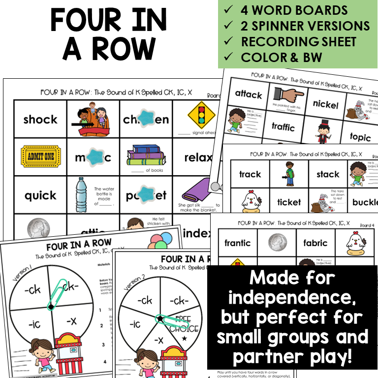 Four In A Row for the K sound spelled CK, IC, and X, with spinners and recording sheet