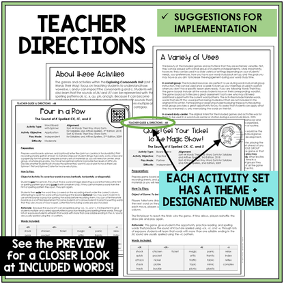Teacher directions for the K sound spelled CK, IC, and X games