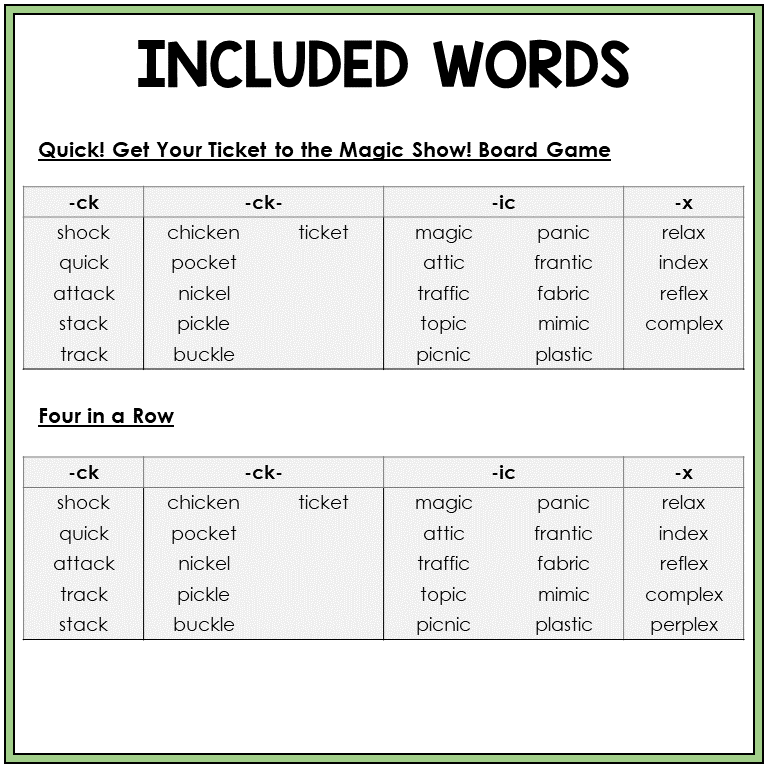 Word list for the K sound spelled CK, IC, and X, Sort 44