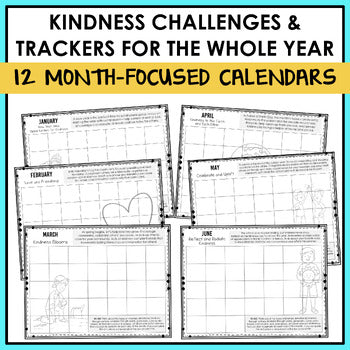 Monthly kindness challenge tracker with a theme description, ideas for kind actions, and challenge directions
