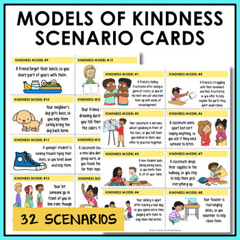 Kindness scenario cards showing models of everyday kindness in relatable situations