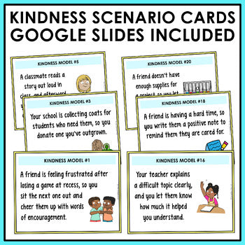 Kindness reflection worksheet, recording sheet, and Google Slides version of the scenario cards