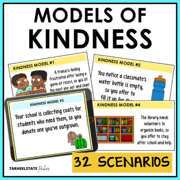 Kindness scenario cards social skills activity with types of kindness poster for grades 3-6