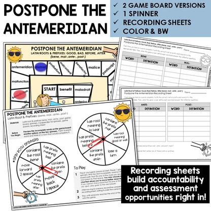Postpone the Antemeridian board game for Latin root and prefixes BENE, MAL-, ANTE-, POST-